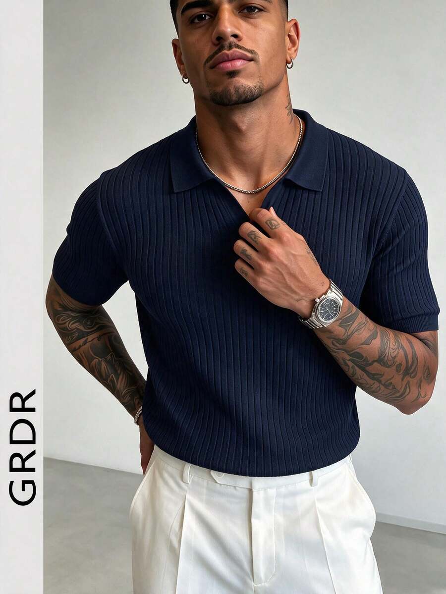 GRDR Sweater Rajut Lengan Pendek Kerah Polo Warna Polos untuk Pria, Cocok untuk Beraktivitas di Musim Panas, Penting untuk Gaya Modis