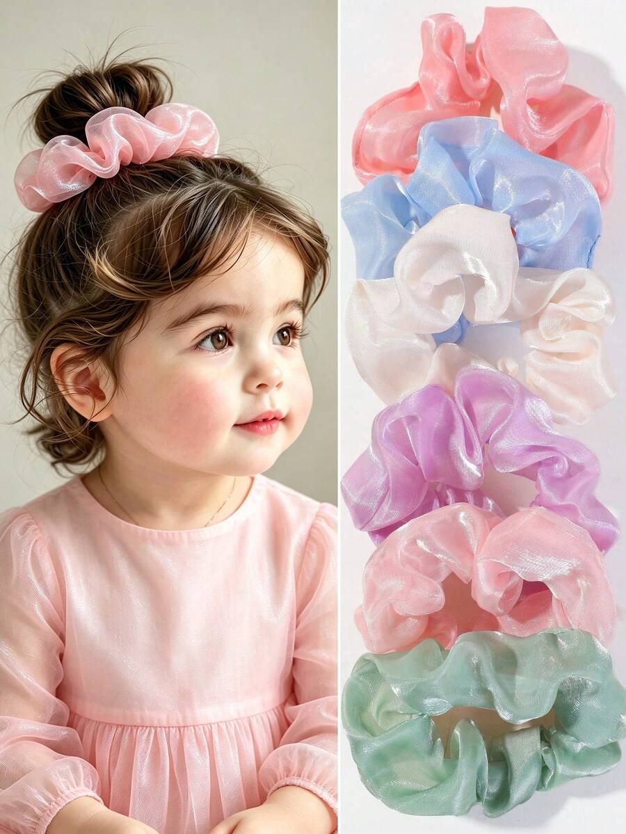 5pcs Girls Sweet Silk Pleated Satin Solid Color Random Style Premium French Style Scrunchies Hair Ties Hair Accessories Rubber Bands For Daily Use - Multicolor - View 1