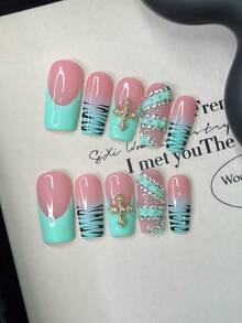 10pcs/Set Y2K Nails Handmade, Cute Nails, Pink Nails, Blue Nails, Rhinestone Nails & Blue French Tip Nails, Stripe Nails, Perfect For Parties & Daily Wear. Square Nails. Handmade Press On Nails Square, Short Acrylic Nails, Fake Nails, Handmade Nails - Multicolor - View 1