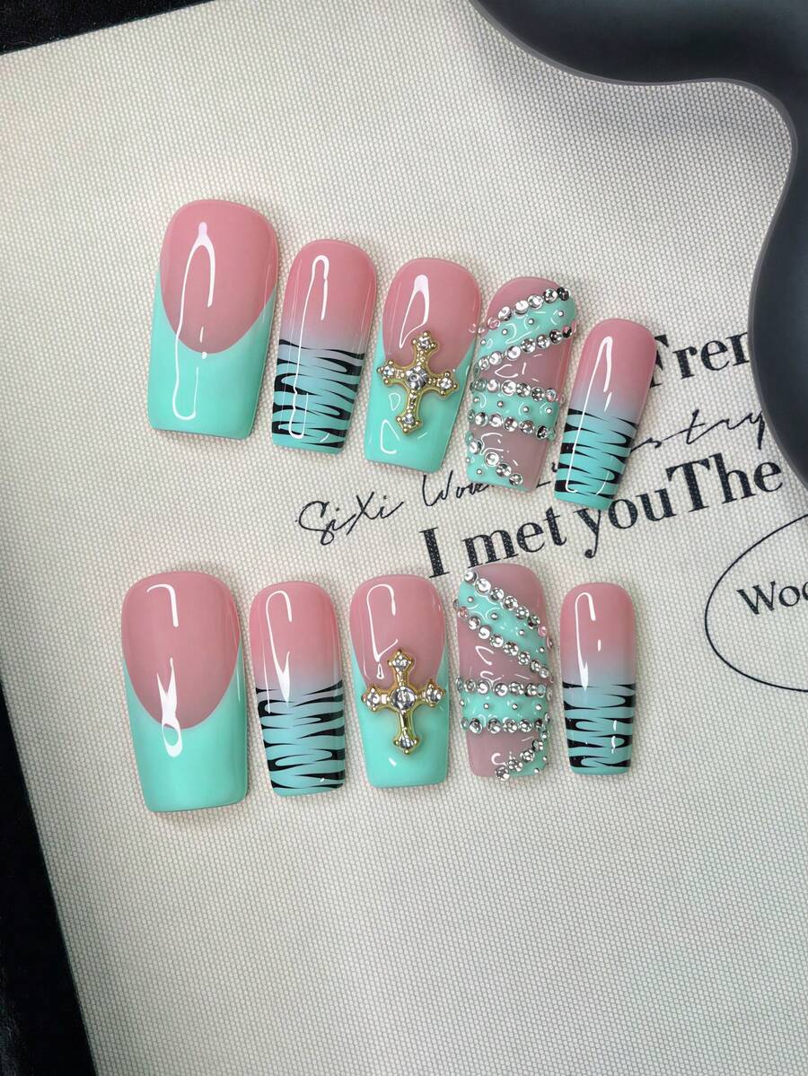 10pcs/Set Y2K Nails Handmade, Cute Nails, Pink Nails, Blue Nails, Rhinestone Nails & Blue French Tip Nails, Stripe Nails, Perfect For Parties & Daily Wear. Square Nails. Handmade Press On Nails Square, Short Acrylic Nails, Fake Nails, Handmade Nails - Multicolor - View 1