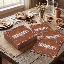 20/40/60 Pcs,Howdy Cowboy Disposable Paper Dinner Napkins,Brown Western Cowboy Hat Bull Skull Bandana Print Dessert Tissues,2-Ply Decorative Cocktail Napkins,For Wild West Theme Party,Country Birthday,Rodeo Party,Western Table Decor,6.5*6.5 Inch - Multicolor - View 3