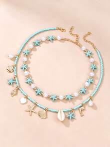 NAIZHU 2pcs Children's Ocean Series Beach Shell & Starfish Pendant Necklace Set, Suitable For Daily Wear, Vacation Accessory Gift - Blue - View 3
