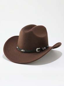 1pc European And American Style Western Cowboy Hat, Metal Buckle Decor Wide Brim Hat, Outdoor Travel Vintage Atmosphere Hat - Diamond-shaped Metal Buckle - View 8