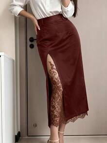 Rok Wanita Elegan dengan Belahan Satu Sisi dan Detail Renda, Cocok untuk Aktivitas Kantor dan Perjalanan Musim Gugur & Musim Dingin - Cokelat kemerahan - View 1