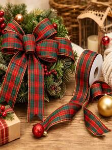 10 Yards Red And Green Plaid Ribbon With Luxury Gold Trim Pattern, Suitable For Gift Wrapping, Holiday Celebrations, Making Bows, Wreaths And Other DIY Crafts - Multicolor - View 6
