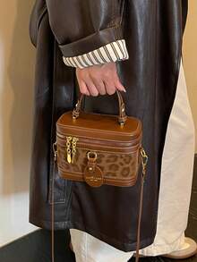 New Vintage Fashion Leopard Print PU Box-Shaped Handbag With Luxurious Gold-Embossed Letters-Women's Shoulder Bag And Wallet - Brown - View 5