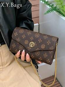 PU Leather Dual-Color Letter Print Casual Shoulder Bag, Women's Envelope Bag With Chain Strap, Fashionable & Versatile - Coffee - View 8