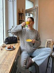Women's Gray Cable Knit Sweater, Long Sleeve Pullover College Style Everyday Casual Outfits For Fall Winter - Grey - View 7