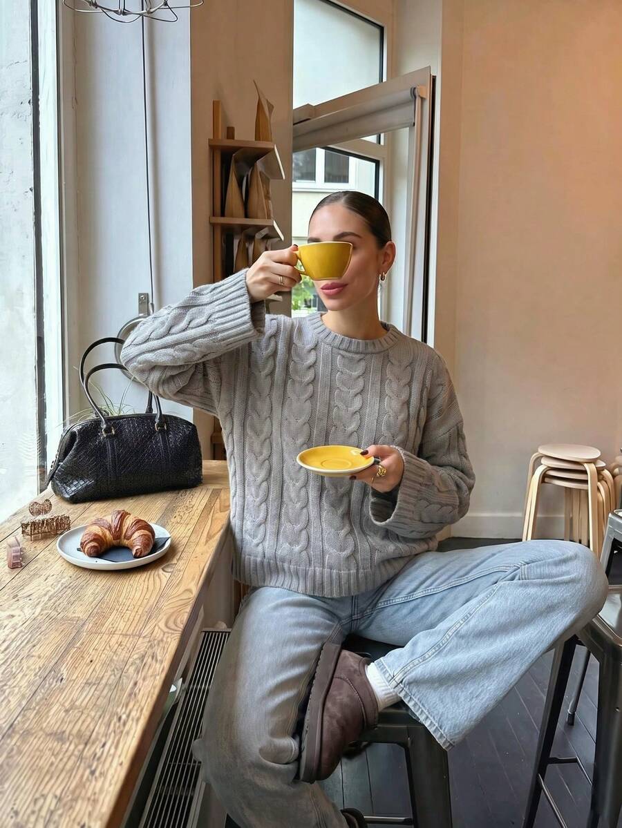 Sweater Rajut Kabel Abu-abu Wanita, Pullover Lengan Panjang Gaya Kampus, Pakaian Kasual Sehari-hari untuk Musim Gugur dan Musim Dingin - Grey - View 1