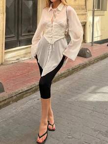 New Fashion Elegant Solid Color Asymmetric Sheer Women's Blouse, Vacation All-Season Design Top - Light Apricot Color - View 5