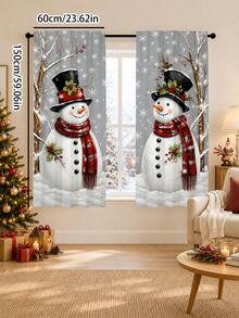 2Pcs Christmas Holiday Curtains, Winter Snowman Tree Snowflake Pattern Curtains, Semi-Sheer Rod Pocket Holiday Window Decor, Suitable For Living Room And Bedroom, Rod Not Included - Multicolor - View 15