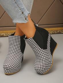 Women's Wedge Heel Ankle Boots, Round Toe Thick Sole Height-Increasing Elastic Ankle Boots, Retro Casual Autumn/Winter Commute Ankle Boots - Black Rice - View 6