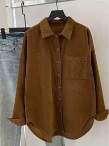 Women's Casual Brown Corduroy Polyester Shirt, Long Sleeve, Button Front, Drop Shoulder Design, Suitable For Daily Wear Or Layering - Coffee Brown - View 3