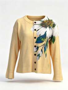 3D Floral Print Cardigan - Flower Pattern, Button Front Design, Lightweight Sweater, Suitable For All Seasons, Loose Casual Jacket, Structured Silhouette Vacation - Yellow - View 6