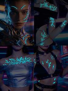 1pc Halloween Cyberpunk Cool Glow-In-The-Dark Symmetrical Lightning Totem Pattern Makeup Tattoo Sticker, Waterproof Face Shoulder Neck Collarbone Tattoo Sticker For Halloween Party Gift - Multicolor - View 2