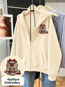 Girls Zip Up Hoodie, Cute Cartoon Rodent Animal Applique Embroidery Long Sleeve Hooded Jacket, Tween Girl Casual Sweatshirt - Apricot - View 2