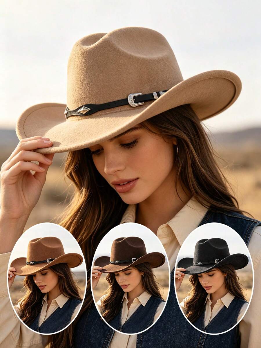 1pc European And American Style Western Cowboy Hat, Metal Buckle Decor Wide Brim Hat, Outdoor Travel Vintage Atmosphere Hat - Diamond-shaped Metal Buckle - View 1