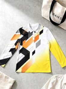 Men's Geometric Print Long Sleeve Polo Shirt - Multicolor - View 4