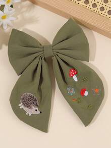 1pc Girls Bow Hair Clip, Olive Green Fabric Embroidered Hedgehog Mushroom Floral Decor Hairpin, Party & Daily Hair Accessory - Multicolor - View 5