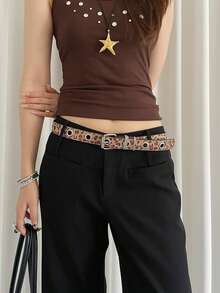 1pc Leopard Print Women's PU Material Y2K Personalized Street Style Riveted Niche Waist Belt - Leopard - View 3
