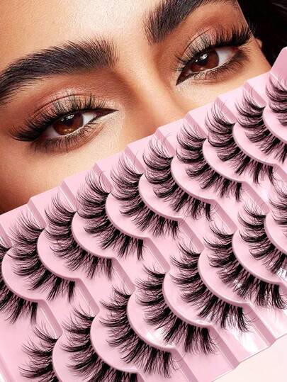ENCHUW 10 Pairs Fake Eyelashes Cat Eye False Eyelashes With Clear Band Fluffy Soft Natural Look Eye Lashes False Eyelashes