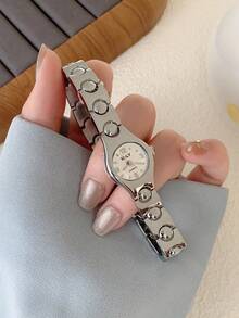 1pc Women's Silver Small Round Quartz Wrist Watch, Minimalist White Dial, Mixed Hour Markers, Compact And Fashionable, Suitable For Daily Wear - Silver - View 4