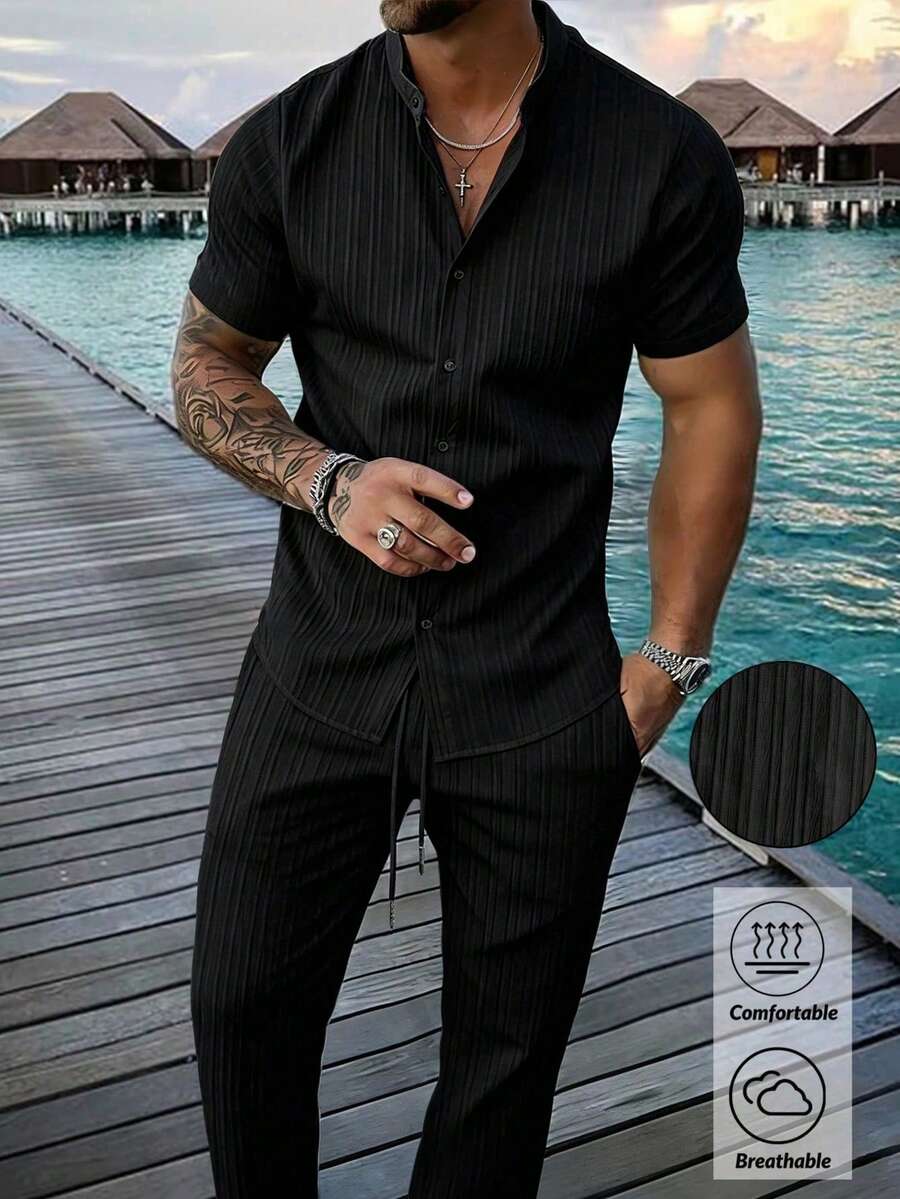 2pcs Men's Button-Down Short Sleeve Top + Elastic Waist Long Pants Pajama Loungewear Set