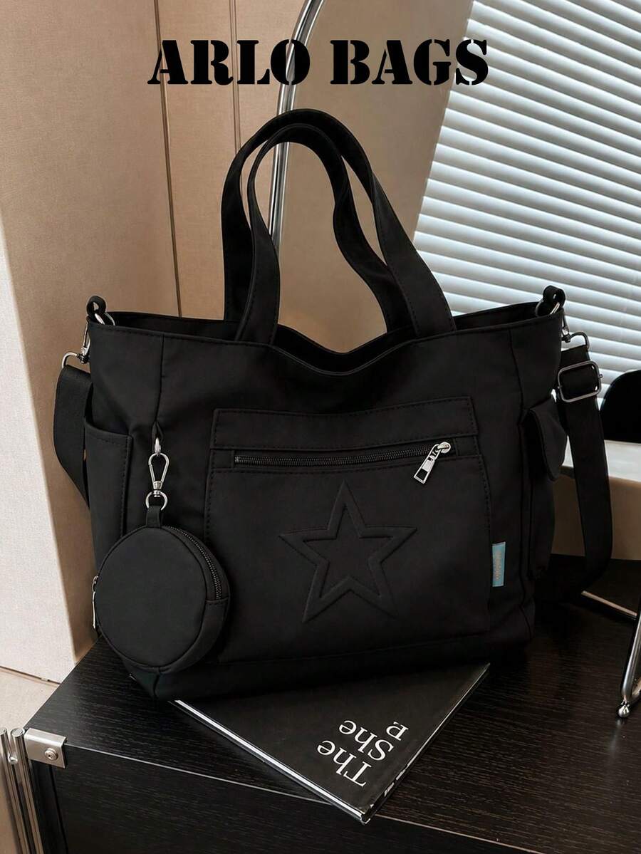 Tote Bag With Pentagram Embossed Decoration, Detachable Small Pouch, Multi-Compartment Storage, Zipper Closure, Casual Style, Handheld And Crossbody Tote Bag, Suitable For Daily Outings, School Commute And Various Occasions, Combining Fashion Sense And Practical Carrying Capacity - Black - View 1