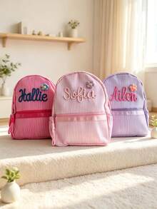 1pc Customized Name Macaron Striped Pink Girly Backpack, Portable Lightweight Travel Student Bag, Embroidered Name Back To School Gift, Personalized Gift - Multicolor - View 1