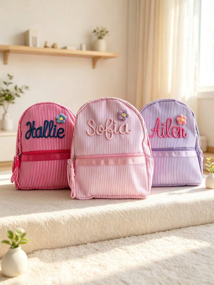 1pc Customized Name Macaron Striped Pink Girly Backpack, Portable Lightweight Travel Student Bag, Embroidered Name Back To School Gift, Personalized Gift - Multicolor - View 1