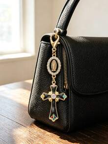 Vintage-Style Rhinestone And Enamel Cross Amulet Keychain Featuring A Virgin Mary Pendant; Suitable As A Bag Charm, Car Key Accessory, Or Holiday Gift - Multicolor - View 6