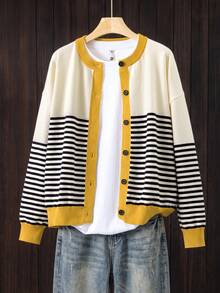 GIGOGOU Plus Size 1XL-4XL Women's Autumn/Winter Colorblock Striped Knit Cardigan, Round Neck Front Button Long Sleeve Casual Knit Jacket - Yellow - View 1