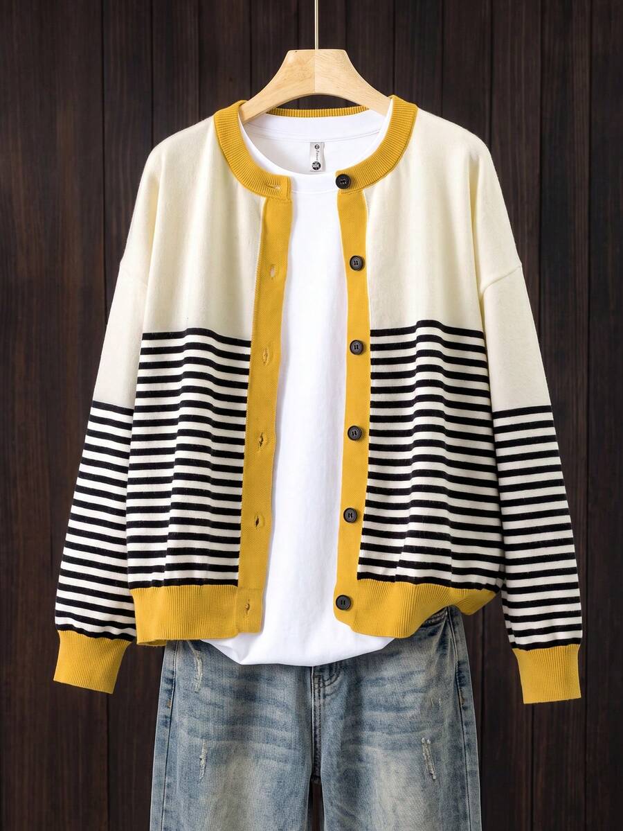 GIGOGOU Plus Size 1XL-4XL Women's Autumn/Winter Colorblock Striped Knit Cardigan, Round Neck Front Button Long Sleeve Casual Knit Jacket - Yellow - View 1