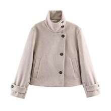 Women's Fall Tops Fall Style Solid Stand Collar Single Breasted Woolen Coat Korean Style Loose Cropped Jacket For Casual Daily Office Wear - Beige - View 6