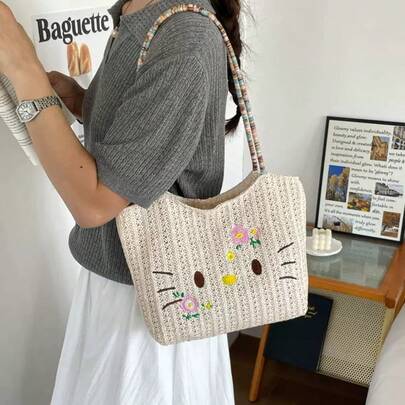 SANRIO Large Ins Style Korean Cute Cool Summer Straw Woven Cat Handbag, Portable Large Capacity Versatile Bag (No Accessories)