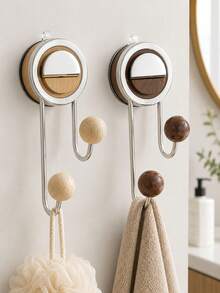 1pc Strong Suction Cup Wall Hook Double Hook Design Stainless Steel & Wood Bathroom Storage Rack Towel Bath Brush Accessory Organizer Kitchen Bedroom Living Room Home Decor Storage Solution - Multicolor - View 8