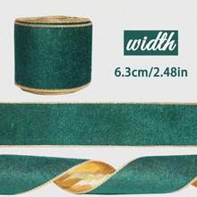 Red & Green Velvet Christmas Ribbon, 2.48" X 114", One-Piece Red Patterned Gold Trim Ribbon, High-Quality Y-Shaped Velvet Satin Ribbon, Suitable For Christmas Tree Decoration, Holiday Gift Wrapping, Wreaths, Crafts - Multicolor - View 7