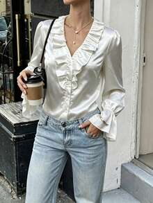 Women's Elegant Commute Satin Ruffle V-Neck Blouse, Flared Long Sleeve Button-Front Top, Casual Office Cocktail Party Versatile Style White - White - View 2