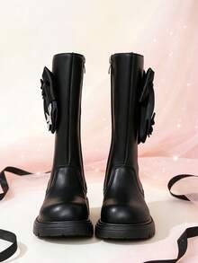 1 Pair Girls' Tall Boots, Bow & Rhinestone Butterfly Decor, Soft PU Material, Elastic Soft Sole With Inner Zipper Design, Cute Princess Style Long Riding Boots, Suitable For Daily School, Holiday Parties, Autumn/Winter New - Black - View 5