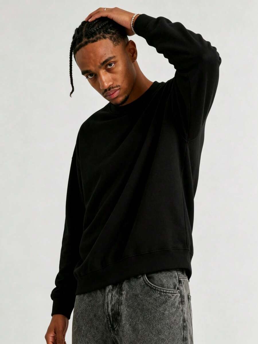 Sweatshirt Pria Klasik, Dasar, Minimalis, Warna Polos, Kerah Bulat - Hitam - View 1