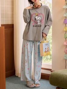Gongdie 2pcs Snoopy Women's Pajama Set, Autumn/Winter Grey Pure Cotton Loungewear, Bow Print With Pockets - Grey - View 10