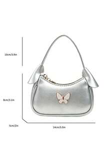 Sweet Mini Handbag For Girls, Fashionable New Butterfly Metal Decor Tote Bag, Zipper Closure PU Versatile Small Bag, Suitable For Daily Use - A - View 3