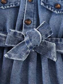 Girls' Fashionable Collared Long Sleeve Denim Dress With Belt, Suitable For Outdoor Activities, School And Outdoor Events - Light Wash - View 6