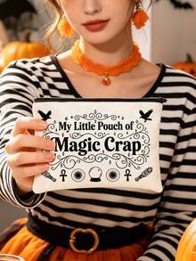 Witchy Printed Halloween Makeup Bag, Featuring Elements Such As Bats And Pumpkins, A Large Capacity Toiletry Bag, Multifunctional Storage Bag - Multicolor - View 6