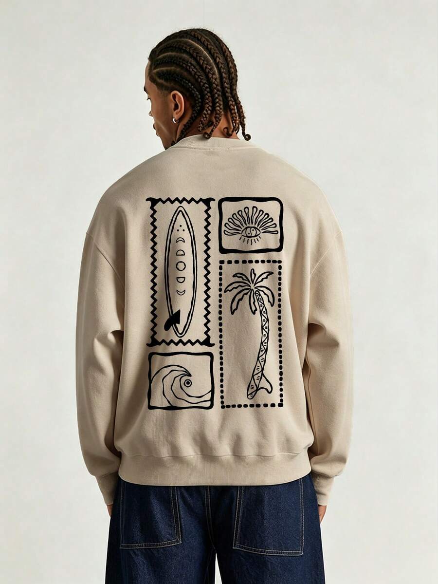 Sweatshirt Pria Desain Kreatif Cetak Grafis Olahraga Kasual Komuter Serbaguna Lengan Panjang Slim Fit Kerah Bulat - Aprikot - View 1