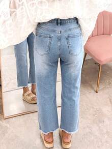 Women's Casual Light Wash Denim Jeans, Long Straight Leg Design, With Button And Pocket Details, Non-Stretch Fabric, Suitable For Daily Wear - Light Wash - View 3