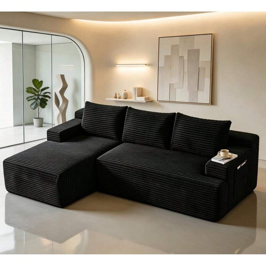 Modular 3-Seater Corduroy Sectional Sofa With Extra Large Chaise Lounge, Deep Seat Design, No Assembly Required, Ideal For Living Room & Bedroom