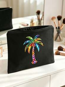 Colorful Rhinestone Palm Tree Print Cosmetic Bag, Zipper Portable Makeup Pouch, Multifunctional Travel Toiletry Organizer Coin Purse, Beach Vacation Accessory Gift For Women - Multicolor - View 4