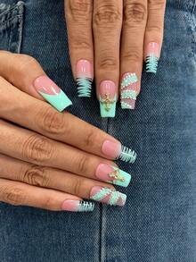 10pcs/Set Y2K Nails Handmade, Cute Nails, Pink Nails, Blue Nails, Rhinestone Nails & Blue French Tip Nails, Stripe Nails, Perfect For Parties & Daily Wear. Square Nails. Handmade Press On Nails Square, Short Acrylic Nails, Fake Nails, Handmade Nails - Multicolor - View 4