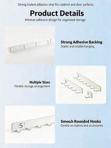1PC Row‑Style No‑Drill Adhesive Hook, Strong Traceless Wall‑Mount Hanger, Multifunctional Towel Rack, Practical Small Wall Hook For Kitchen, Bathroom, Washroom, Ideal For Utensils, Towels & Household Item Daily Storage Organization Usew - White - View 5
